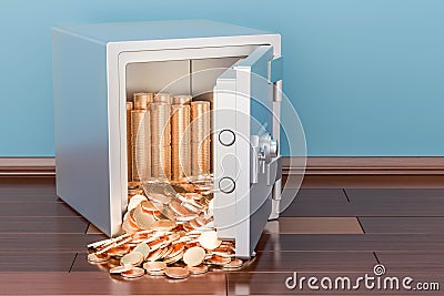 Safe box full golden coins on the floor, 3D rendering Stock Photo