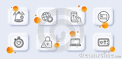 Safe box, Heartbeat timer and Notebook line icons pack. For web app. 3d glass buttons. Vector Vector Illustration