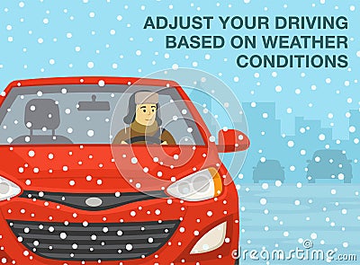 Winter season driving. Adjust your driving based on weather conditions. Close-up view. Vector Illustration