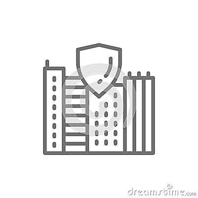 Safe city, town with shield, secure line icon. Vector Illustration