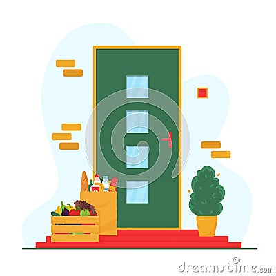 Safe contactless delivery concept. Food delivery. Box and paper bag with fruits, vegetables, food stand at the door. Non-contact Vector Illustration