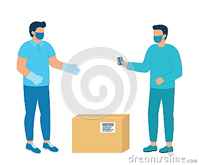 Safe contactless delivery of goods to buyer. Man courier delivered parcel box to customer. Coronavirus pandemic concept. Vector Vector Illustration