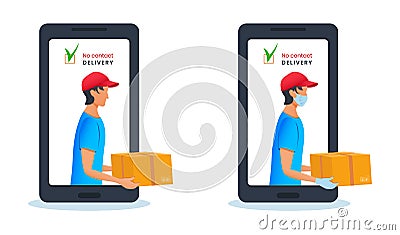 Safe contactless parcel delivery via smartphone, mobile application. Courier holding cardboard box in protective mask Vector Illustration