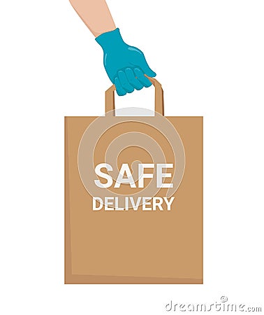 Safe delivery concept. Courier`s hand in glove holds bag with ordered products. Vector Illustration