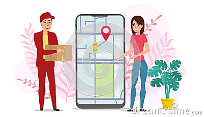 Safe delivery online service concept. A young courier delivers a package to a woman. Delivery to your doorstep. Cartoon Vector Illustration