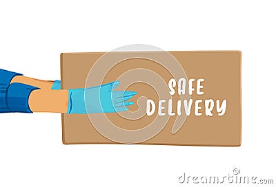 Safe delivery vector cartoon banner for Save Delivery Services and E-Commerce during covid quarantine. Hands in gloves Vector Illustration