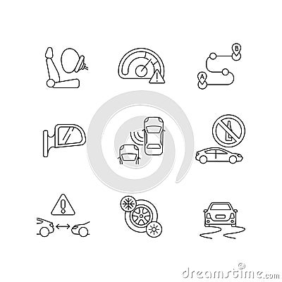 Safe driving pixel perfect linear icons set Vector Illustration