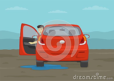 Safe driving rules and tips in mud. Red car gets stuck. Back view of a suv. Scared male driver opens car door and looks back. Vector Illustration