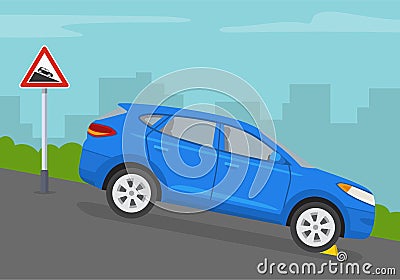 Safe driving rules and tips. `Steep descent` warning sign and wheel block placement on downhill grade. Vector Illustration