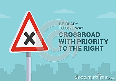 Close-up of european crossroad with priority to the right sign. Vector Illustration