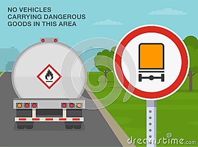 No vehicles carrying dangerous goods. Close-up back view of a truck with flammable item. Vector Illustration