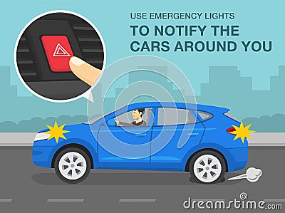 Punctured rear wheel or flat tire while driving a car. Use emergency lights to notify the cars around you on road. Vector Illustration