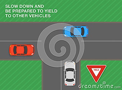 Slow down and be prepared to yield to other vehicles. Red triangle road sign meaning. Vector Illustration