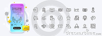 Safe energy, Circle area and Chemistry lab line icons for web app. Pictogram icon. Phone mockup gradient screen. Vector Stock Photo