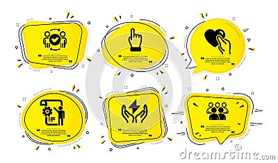 Safe energy, Click hand and Settings blueprint icons set. Approved teamwork, Hold heart and Group signs. Vector Vector Illustration