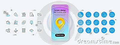 Safe energy, Inspect and Timer line icons. For web app, printing. Phone mockup with 3d map pin icon. Vector Vector Illustration