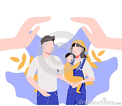 Safe family vector illustration. Symbolic protection flat tiny persons concept. Couple with children in holding hands and standing Vector Illustration