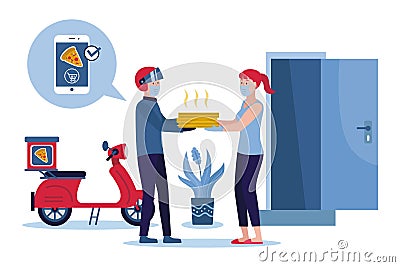 Safe fast food delivery at home during coronavirus covid-19 epidemic, man delivering a bag with a ready meal to a customer and kee Vector Illustration