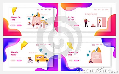 Safe Food Delivery During Coronavirus Pandemic Landing Page Template Set. Courier Characters Delivering Grocery Vector Illustration