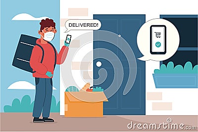 Safe food delivery. Young courier delivering grocery order to the home of customer with mask and gloves Vector Illustration