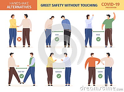 Safe greeting. People in masks keep social distance and use alternative greet, stop spread coronavirus. Avoid handshake Vector Illustration