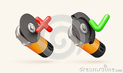 Safe grinder usage concept with correct and incorrect examples. Workplace safety rules for power tools, noise control Vector Illustration