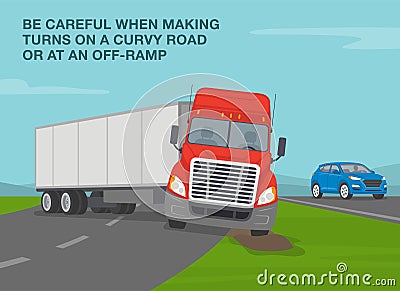 Safe heavy vehicle driving rules and tips. Truck loses control and gets stuck while making turn on highway. Vector Illustration