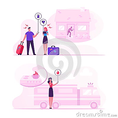 Safe Home Concept. People Getting Notification from Smart Control System at Electronic Device Smartphone Vector Illustration