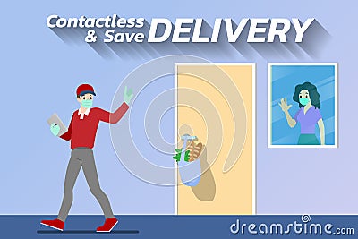 Safe at home delivery during coronavirus covid-19 crisis epidemic. A Man who wear mask and gloves delivering a product or goods to Vector Illustration