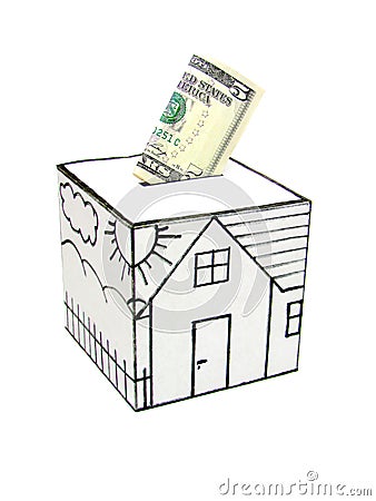 Safe house with drawn-five dollars deposited Stock Photo