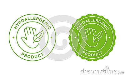 Safe Hypoallergenic Product Stamps Set. Green Label For Hypoallergenic Safe Cosmetics. Allergen Free Stickers. Hand And Vector Illustration