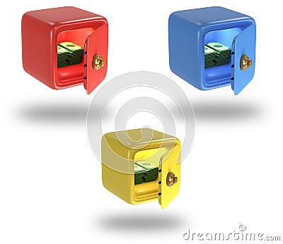 Safe with money and dollars. Icons of safe for bank. Vault with lock. Protection, security concept. 3D render Stock Photo