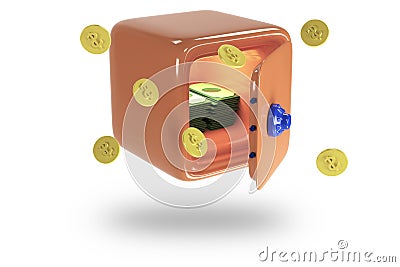 Safe with money and dollars. Icons of safe for bank. Vault with lock. Protection, security concept. 3D render Stock Photo