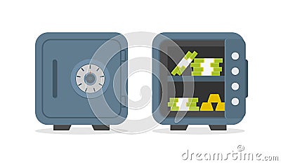 Safe with money and gold. Open, close metal vault. Icons of safe for bank. Box with door for safety of deposit. Container of Vector Illustration