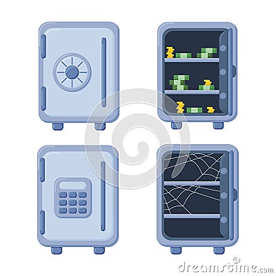Safe with money and gold. Open and close metal vault. Icons of safe for bank. Box with door for safety of deposit. Vector Illustration