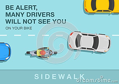 Be alert, many drivers will not see you on your bike. Top view of a bike rider moving in traffic flow. Vector Illustration