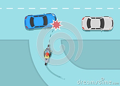 Front end crash on the road. Turning motorcycle collision with moving car. Top view. Vector Illustration