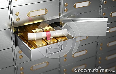 Safe with an open cell, full of gold bars on which lies the document in the form of a scroll. 3D Illustration Stock Photo