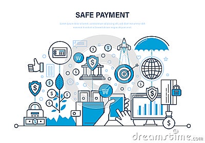 Safe payment. Methods payment. Protection of data, payments, operations, finance. Vector Illustration