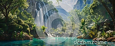 A safe planet backdrop showcasing a majestic waterfall cascading into a crystal-clear river, Stock Photo