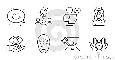 Safe time, Smile chat and Face biometrics icons set. Business idea, Nurse and Judge hammer signs. Vector Vector Illustration