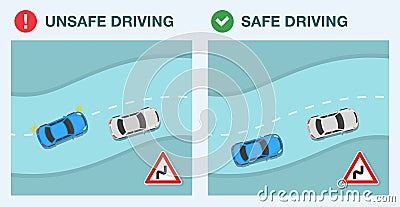 Safe and unsafe driving on a curve road. Series of turns or curves on the road ahead sign area. Vector Illustration