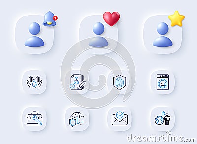 Safe water, Outsource work and Fingerprint line icons. For web app, printing. Vector Vector Illustration