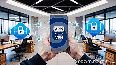 Safeguarding Digital Privacy: Secure VPN Connection via Smartphone in a Modern Workspace in the background Stock Photo