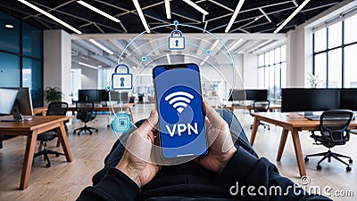 Safeguarding Digital Privacy: Secure VPN Connection via Smartphone in a Modern Workspace in the background Stock Photo