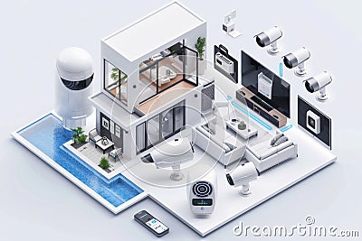 Safeguarding intelligent technology for remote monitoring, cybersecurity camera system, smart alarm intrusion, protected firewall Cartoon Illustration