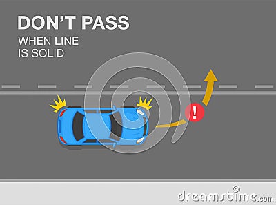 Use of street lines. Don`t pass when line is solid. Top view of a vehicle on a city road. Vector Illustration