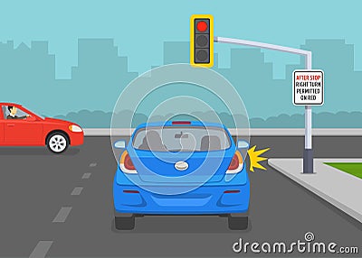 Safety car driving and traffic regulating rules. Give way rules at traffic lights. After stop right turn permitted on red. Vector Illustration