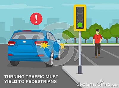 Turning traffic must yield to pedestrians. Young male character crossing the street at traffic light. Vector Illustration