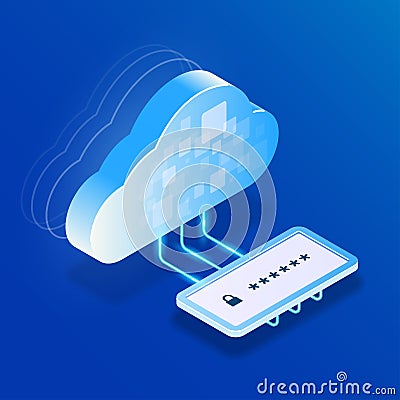 Safety cloud storage or computing. data access after entering a personal password. Vector isometric 3d flat illustration Vector Illustration